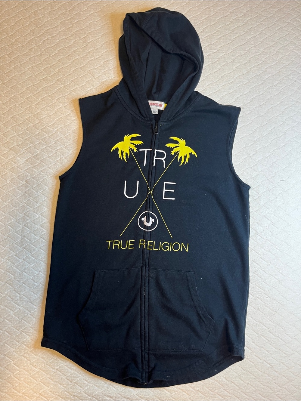 True Religion Black Sleeveless Zip Hoodie with Yellow Palm Graphic, M
